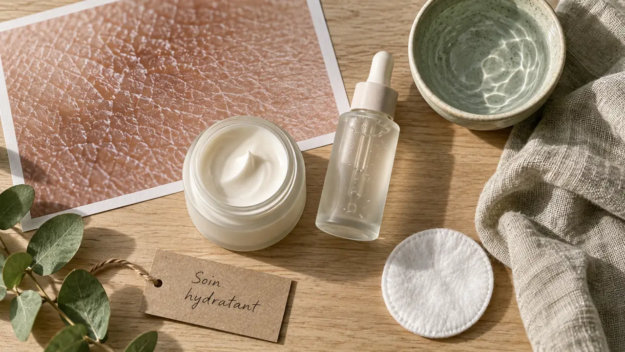 Soin hydratant visage, crème mate sans brillance sur table en bois clair