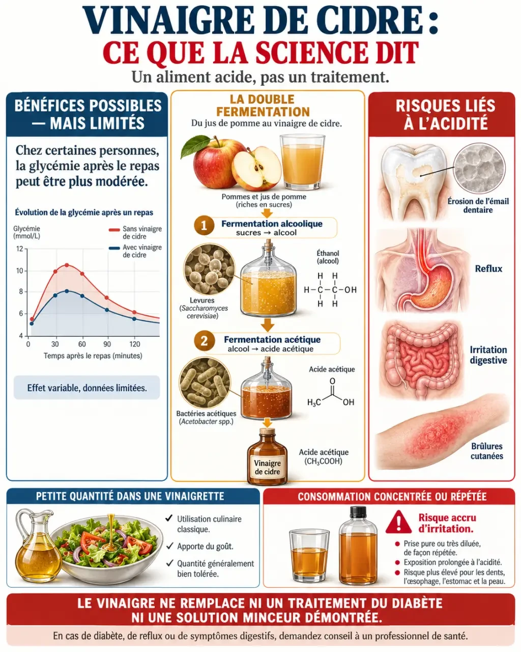 Infographie sur les vinaigre de cidre bienfaits et inconvenients, effets potentiels et risques liés à l'acidité
