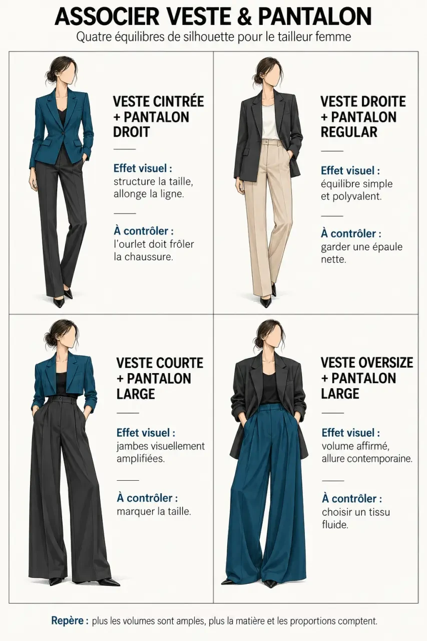 Infographie des coupes d’un ensemble pantalon femme et de leurs effets sur la silhouette