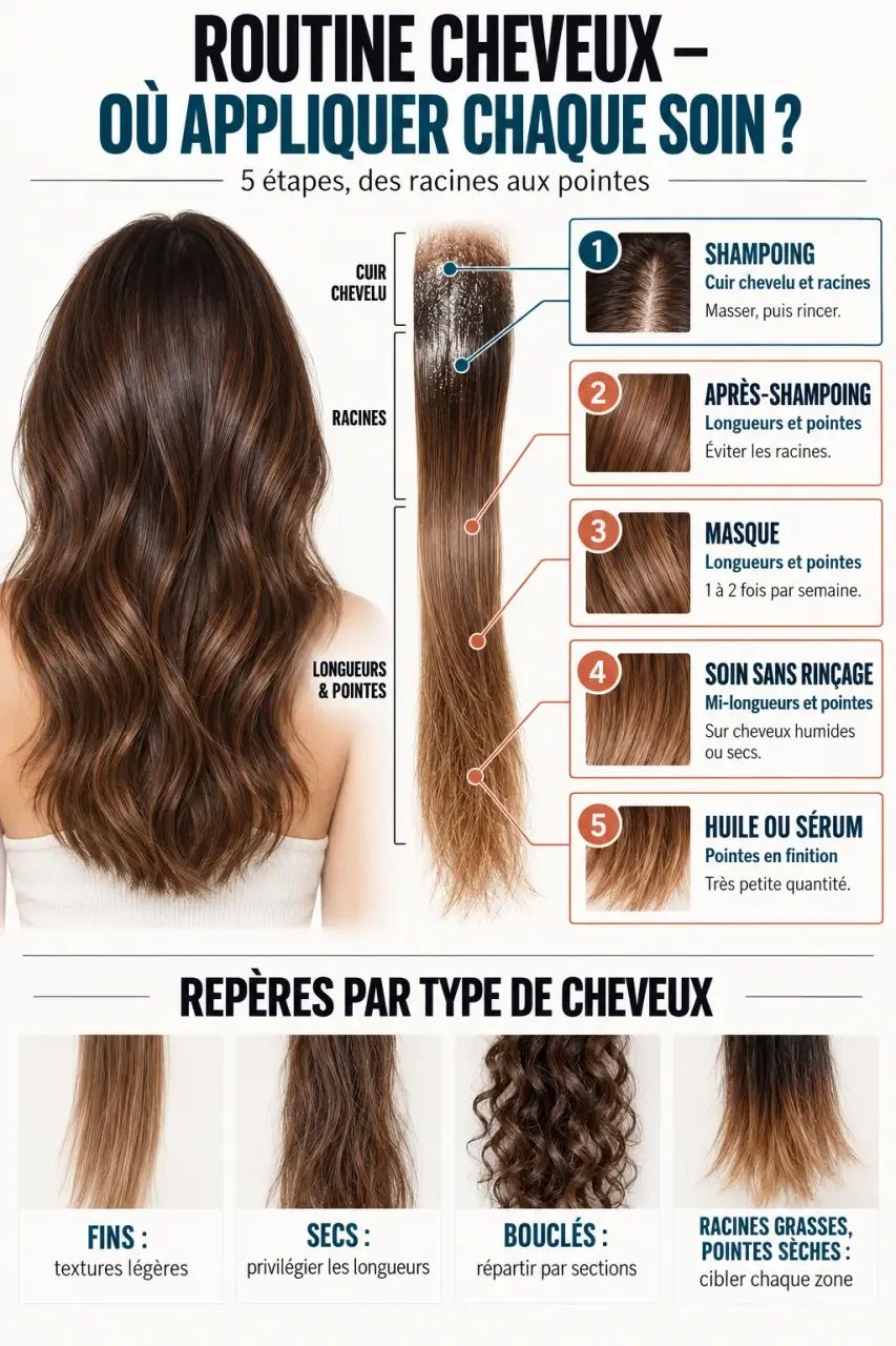 Infographie des soins pour les cheveux et des zones d’application sur les racines, longueurs et pointes