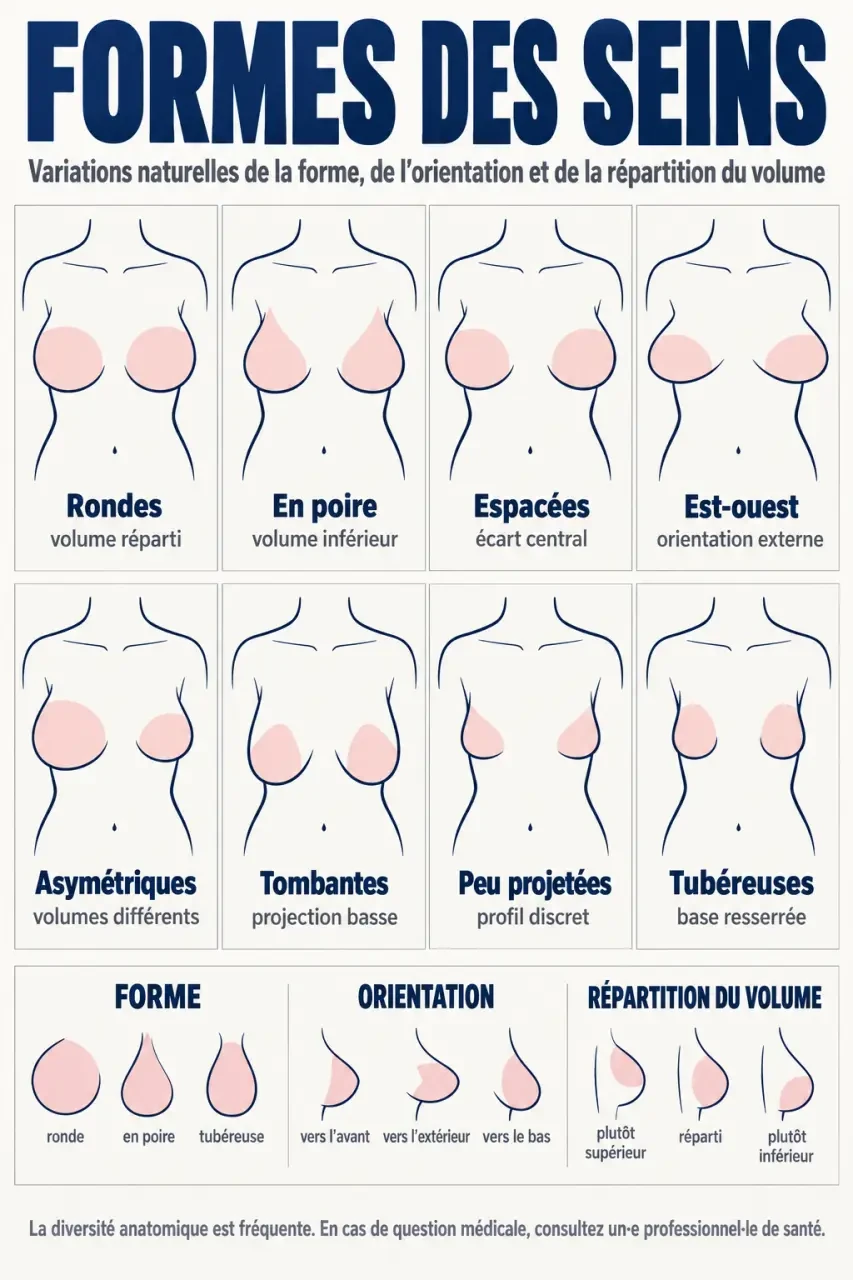 Infographie pédagogique sur les différents types de seins et leurs principales caractéristiques visuelles