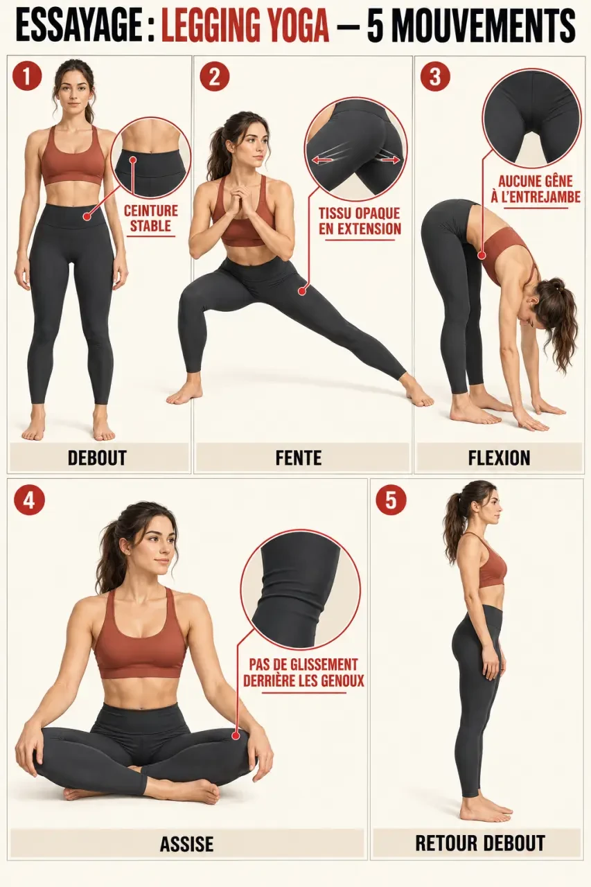 Essayage en mouvement d’un legging yoga pendant une fente, une flexion et une position assise