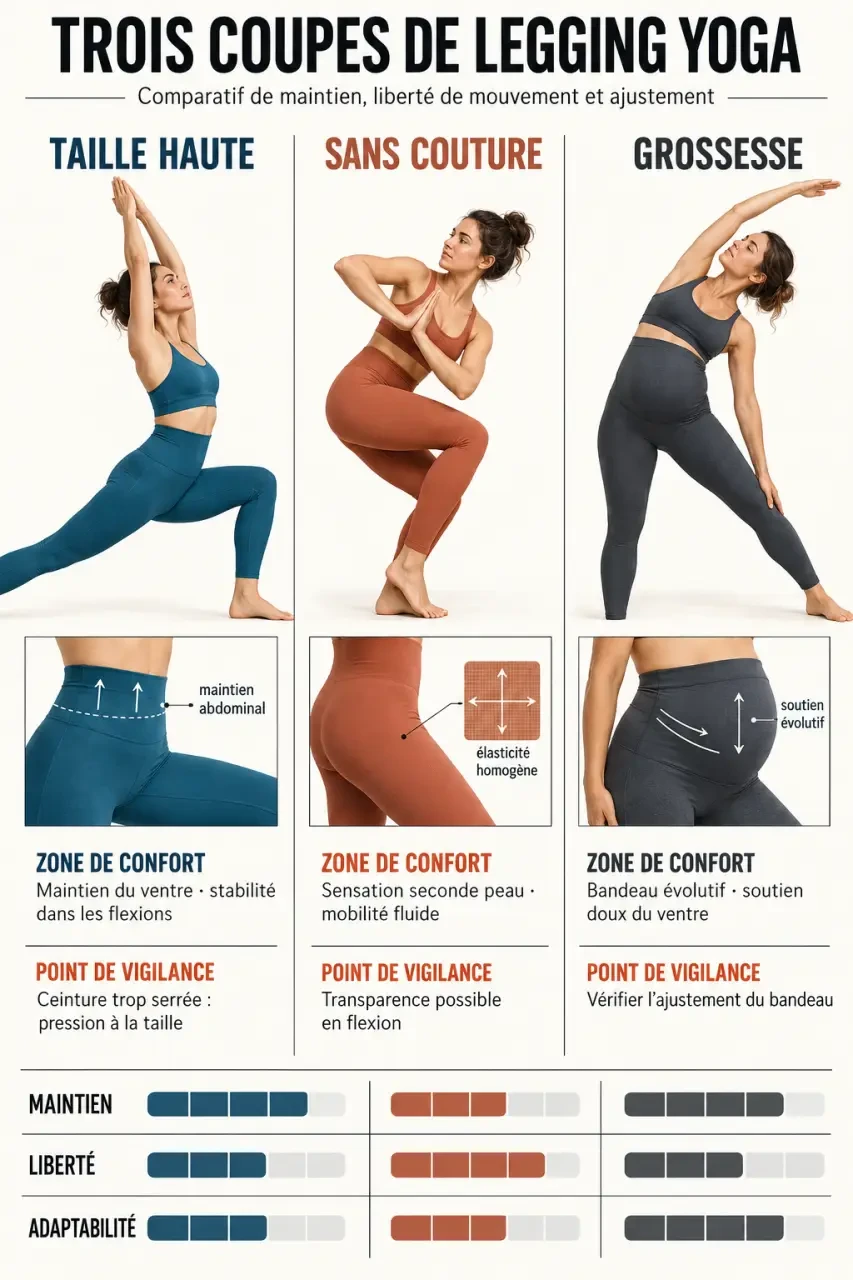 Infographie comparative des coupes de legging yoga taille haute, sans couture et grossesse