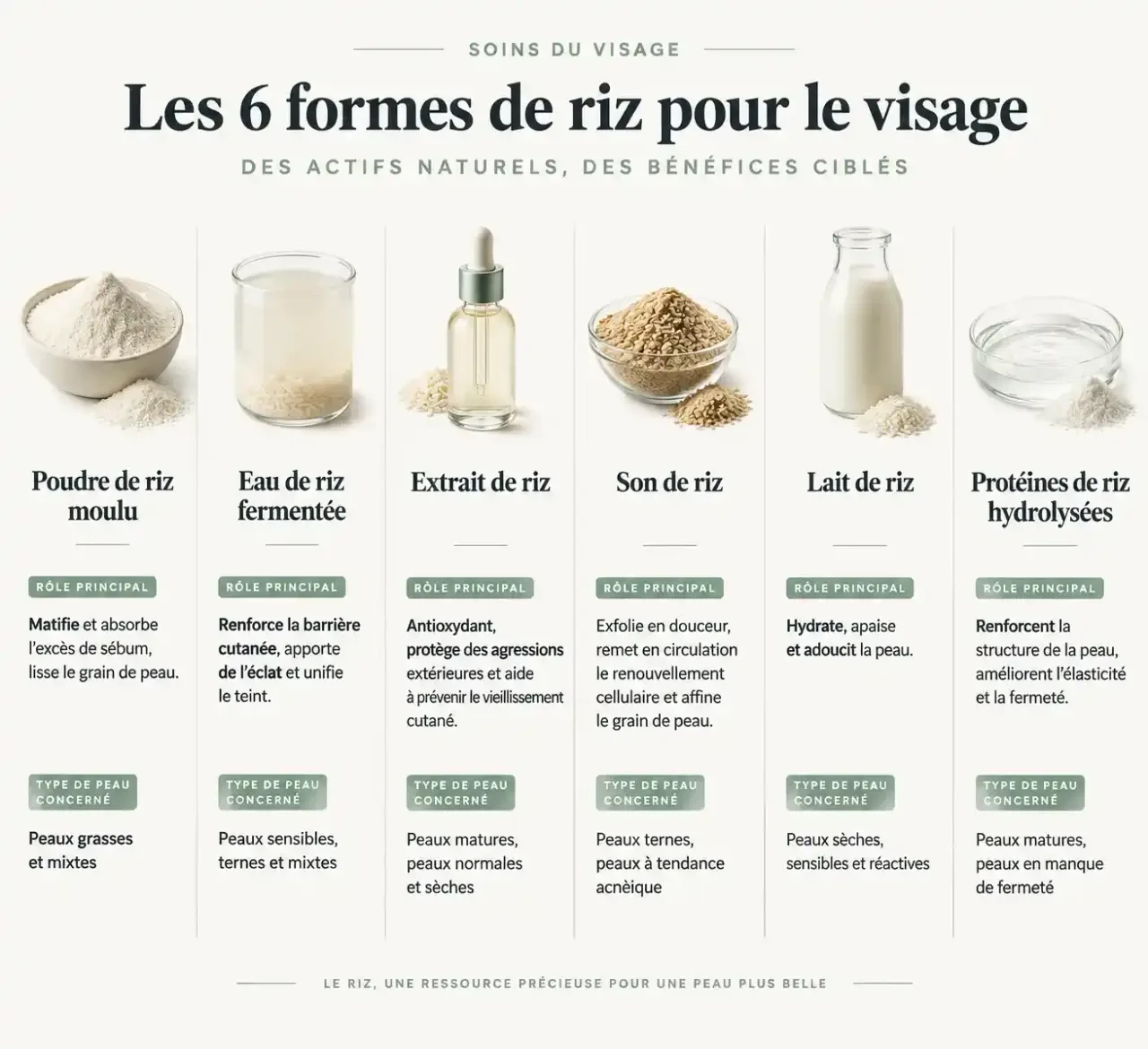 Masque au riz pour visage : comparatif des formes de riz (poudre, eau, extrait, son, lait, protéines) selon le rôle et le type de peau