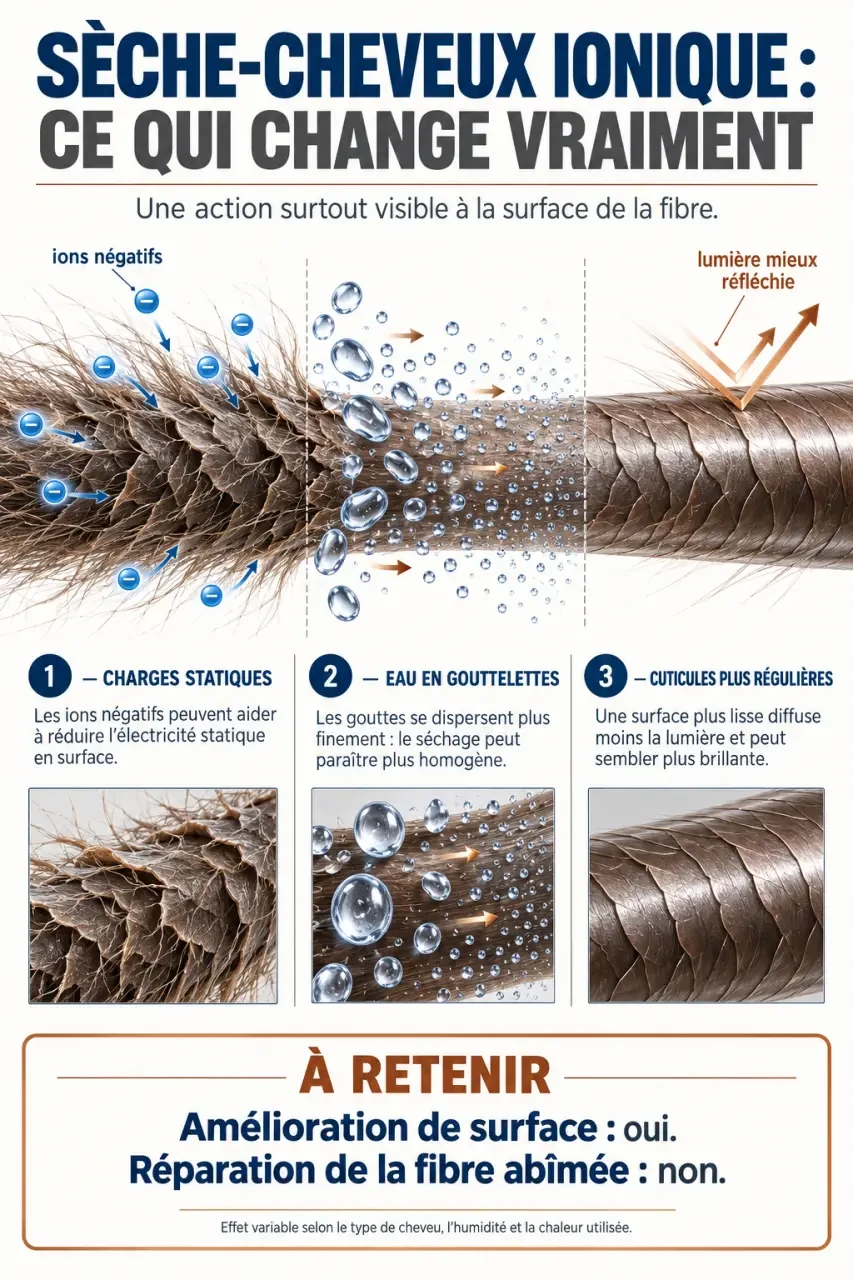 Sèche-cheveux ionique avis : schéma du fonctionnement des ions négatifs sur les cheveux