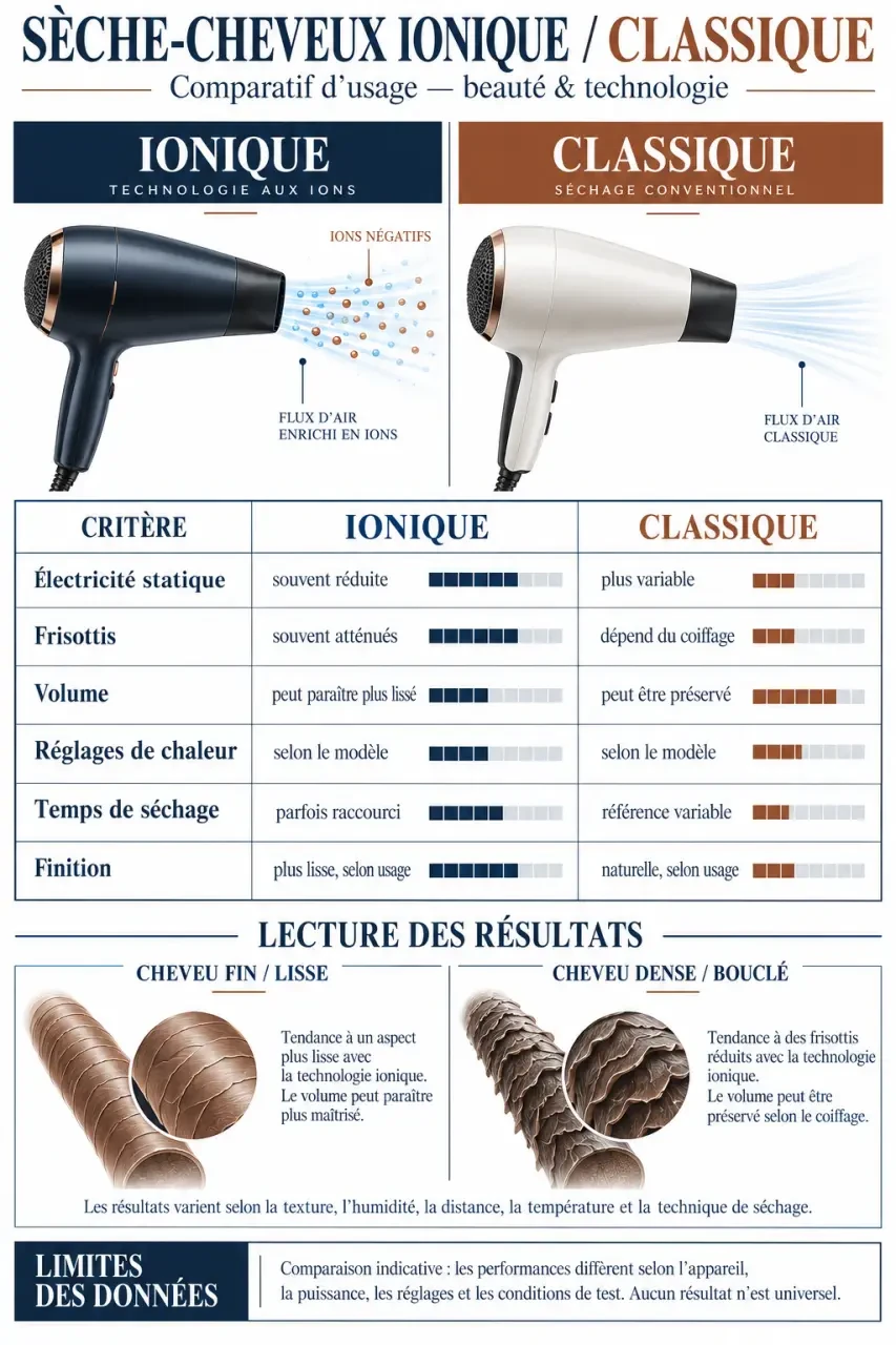 Sèche-cheveux ionique avis : infographie comparative avec un modèle classique