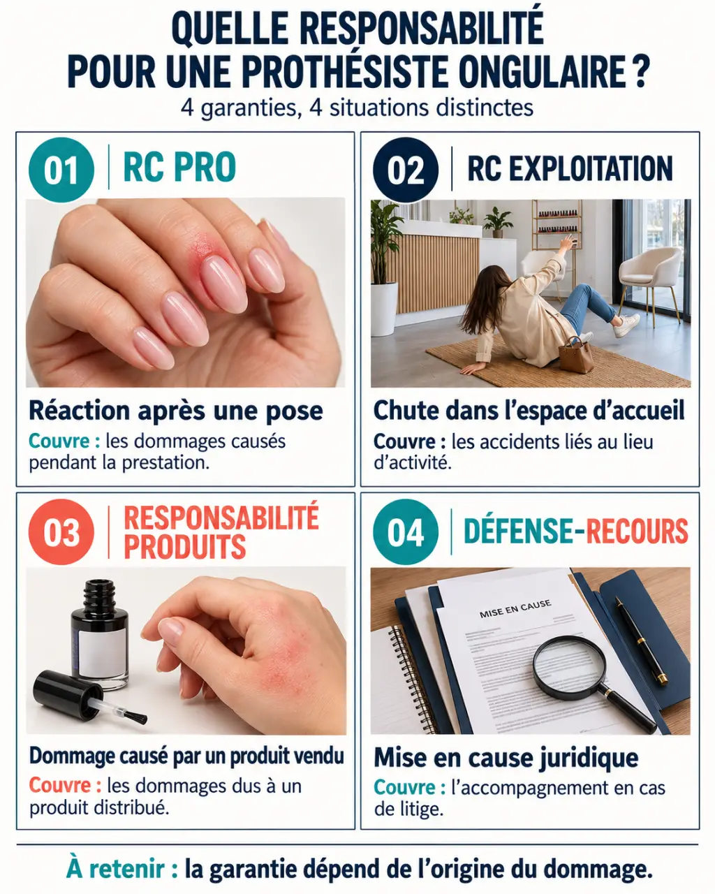 Infographie pour protéger son activité de prothésiste ongulaire avec une assurance professionnelle