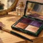Maquillage pour les yeux verts avec fards prunes, cuivres et champagne