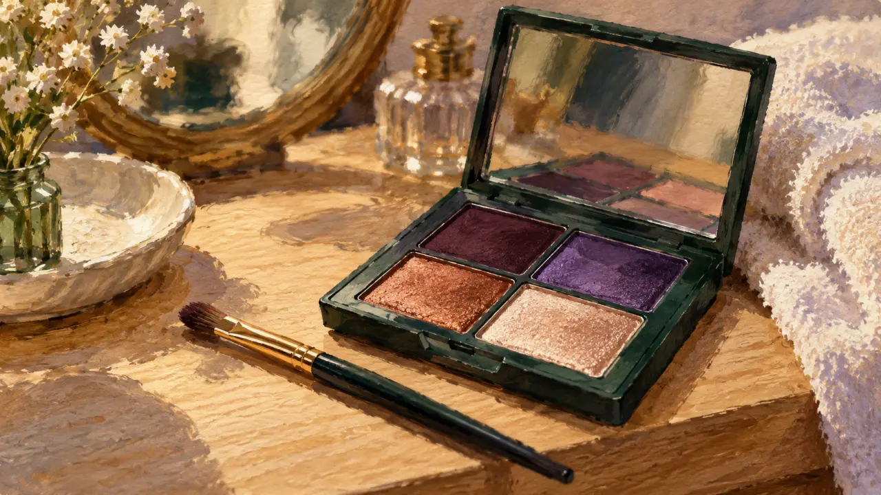 Maquillage pour les yeux verts avec fards prunes, cuivres et champagne