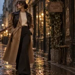 Mode femme automne 2025 : manteau long oversize ceinturé camel, silhouette structurée