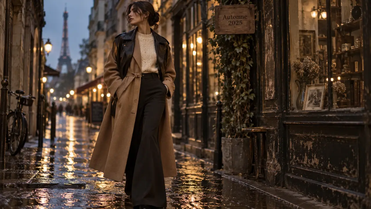 Mode femme automne 2025 : manteau long oversize ceinturé camel, silhouette structurée