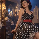 Tenue rockabilly femme : robe swing à pois noir et blanc, taille ceinturée